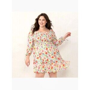 LC Lauren Conrad Floral Print Smocked Long Sleeve Mini Dress Spring Easter